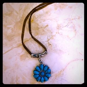 Blue Flower Necklace w/ brown faux leather chain